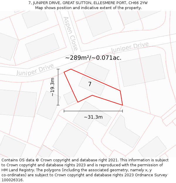 7, JUNIPER DRIVE, GREAT SUTTON, ELLESMERE PORT, CH66 2YW: Plot and title map