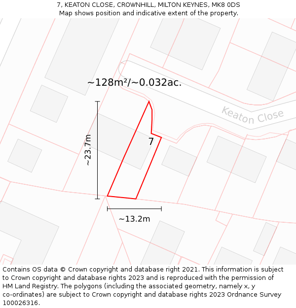 7, KEATON CLOSE, CROWNHILL, MILTON KEYNES, MK8 0DS: Plot and title map