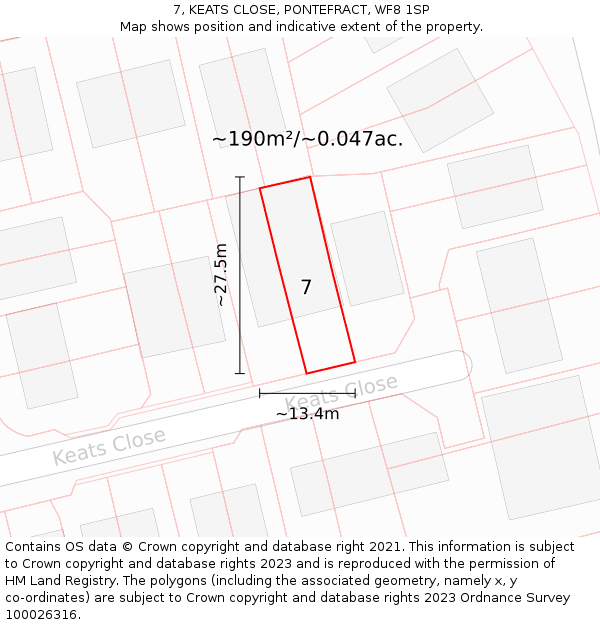 7, KEATS CLOSE, PONTEFRACT, WF8 1SP: Plot and title map
