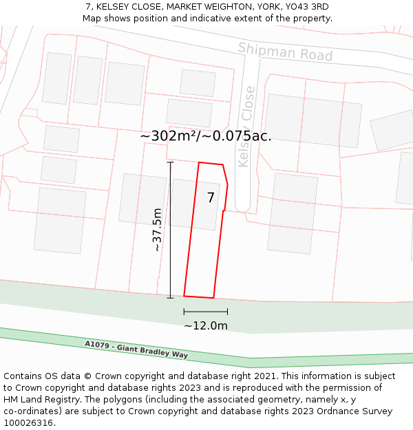 7, KELSEY CLOSE, MARKET WEIGHTON, YORK, YO43 3RD: Plot and title map