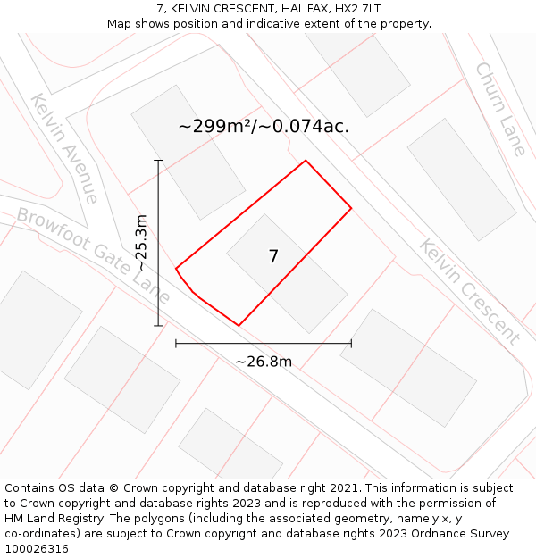 7, KELVIN CRESCENT, HALIFAX, HX2 7LT: Plot and title map