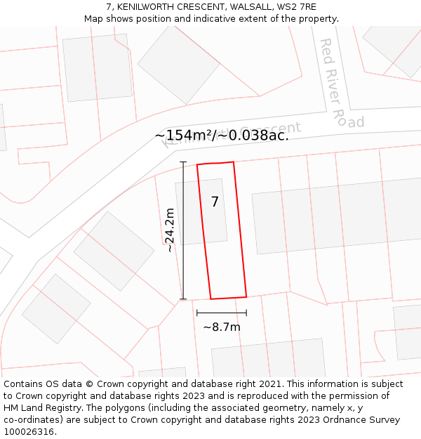 7, KENILWORTH CRESCENT, WALSALL, WS2 7RE: Plot and title map