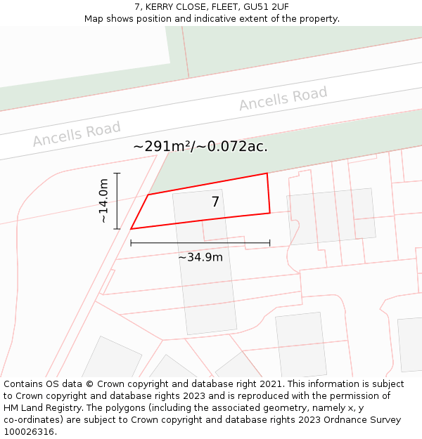 7, KERRY CLOSE, FLEET, GU51 2UF: Plot and title map