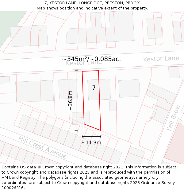7, KESTOR LANE, LONGRIDGE, PRESTON, PR3 3JX: Plot and title map