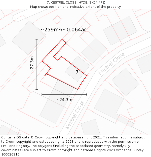 7, KESTREL CLOSE, HYDE, SK14 4FZ: Plot and title map