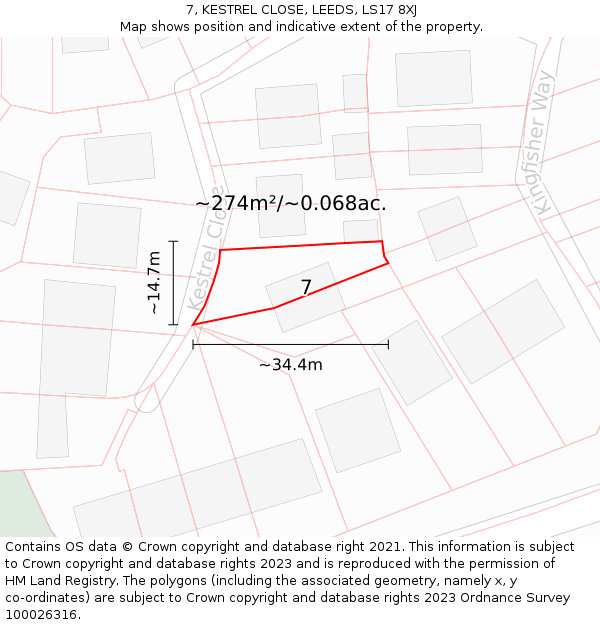 7, KESTREL CLOSE, LEEDS, LS17 8XJ: Plot and title map