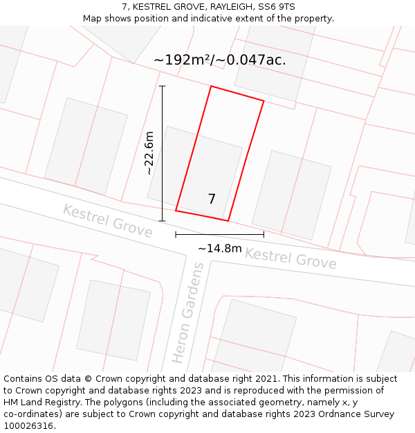 7, KESTREL GROVE, RAYLEIGH, SS6 9TS: Plot and title map