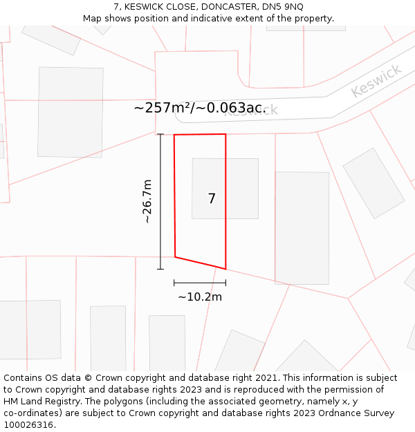 7, KESWICK CLOSE, DONCASTER, DN5 9NQ: Plot and title map