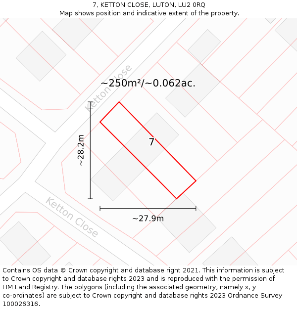 7, KETTON CLOSE, LUTON, LU2 0RQ: Plot and title map