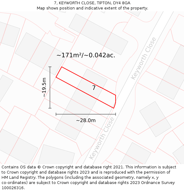 7, KEYWORTH CLOSE, TIPTON, DY4 8GA: Plot and title map