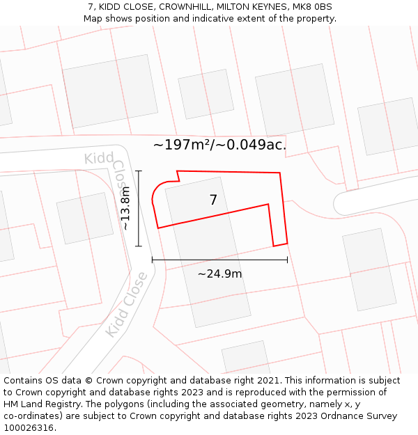 7, KIDD CLOSE, CROWNHILL, MILTON KEYNES, MK8 0BS: Plot and title map