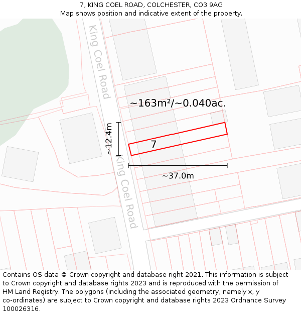 7, KING COEL ROAD, COLCHESTER, CO3 9AG: Plot and title map