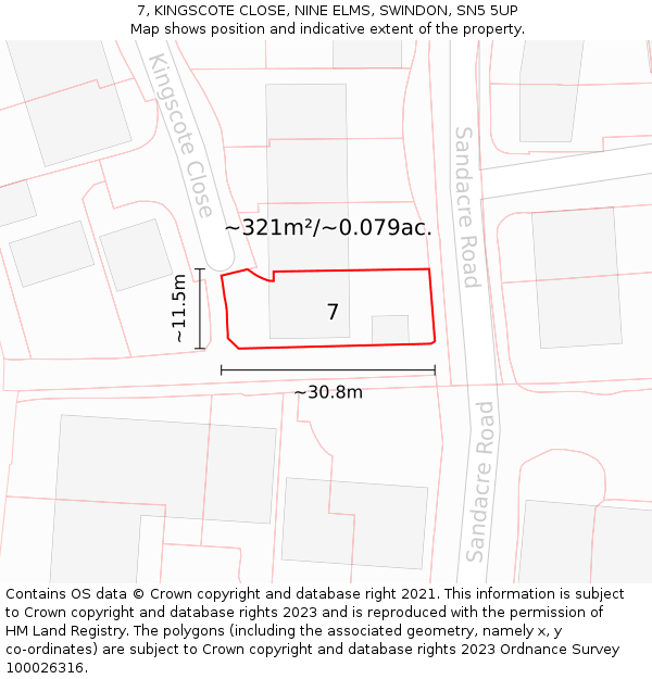 7, KINGSCOTE CLOSE, NINE ELMS, SWINDON, SN5 5UP: Plot and title map