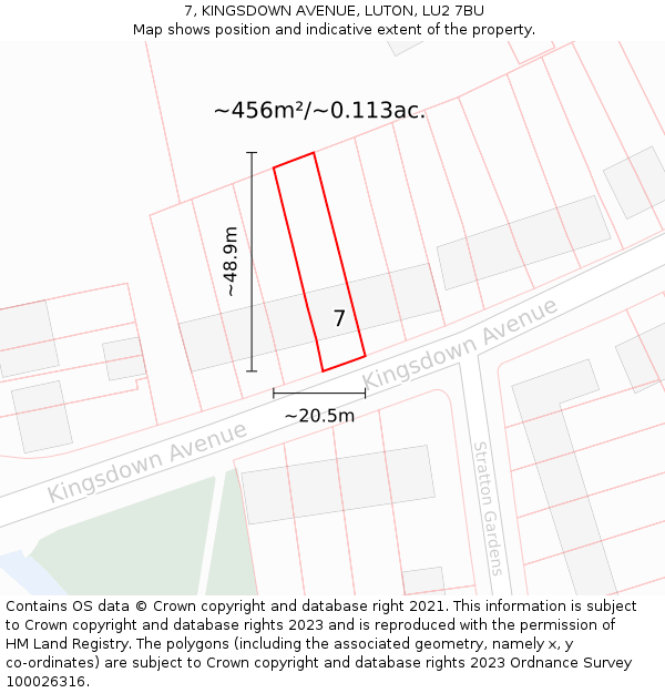 7, KINGSDOWN AVENUE, LUTON, LU2 7BU: Plot and title map
