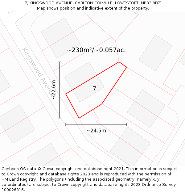 7, KINGSWOOD AVENUE, CARLTON COLVILLE, LOWESTOFT, NR33 8BZ: Plot and title map