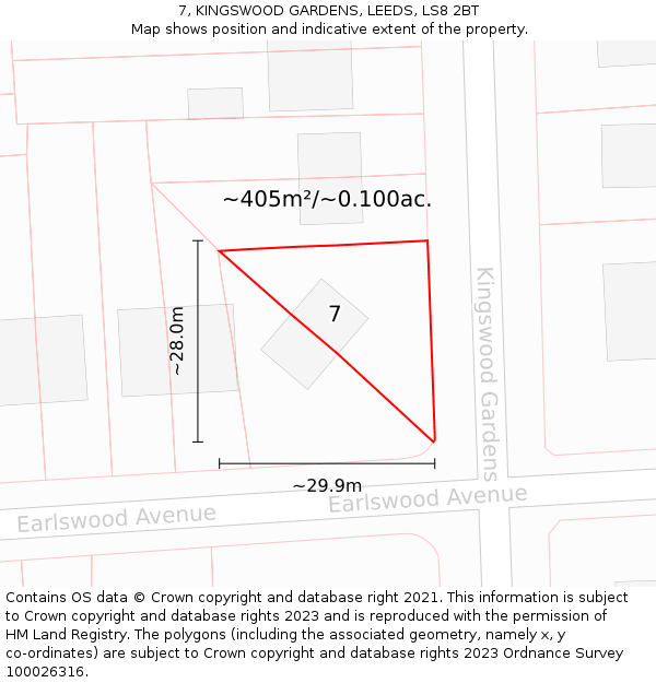 7, KINGSWOOD GARDENS, LEEDS, LS8 2BT: Plot and title map