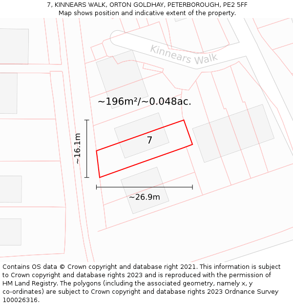 7, KINNEARS WALK, ORTON GOLDHAY, PETERBOROUGH, PE2 5FF: Plot and title map