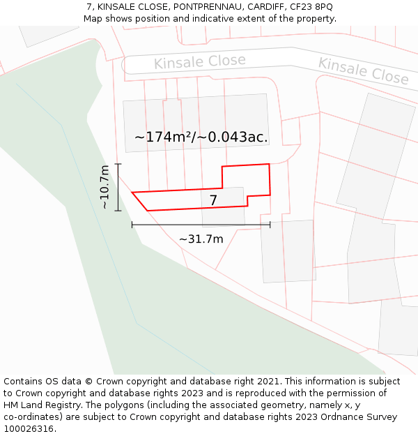 7, KINSALE CLOSE, PONTPRENNAU, CARDIFF, CF23 8PQ: Plot and title map