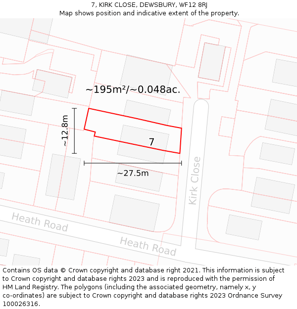 7, KIRK CLOSE, DEWSBURY, WF12 8RJ: Plot and title map