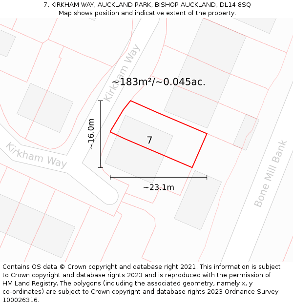 7, KIRKHAM WAY, AUCKLAND PARK, BISHOP AUCKLAND, DL14 8SQ: Plot and title map