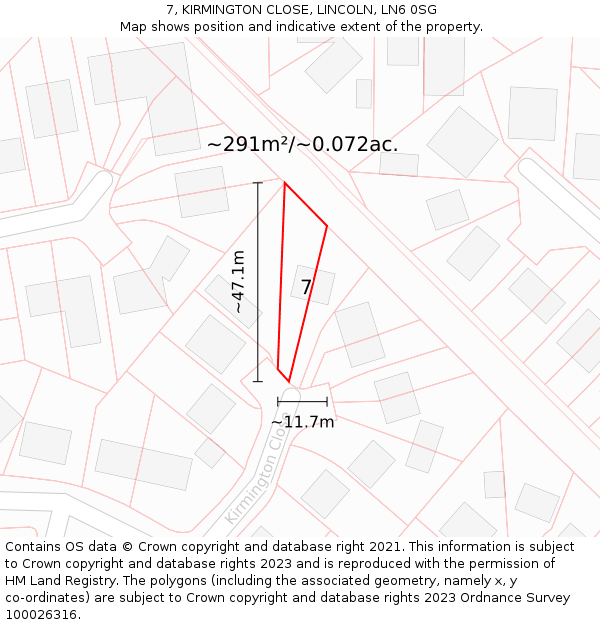 7, KIRMINGTON CLOSE, LINCOLN, LN6 0SG: Plot and title map