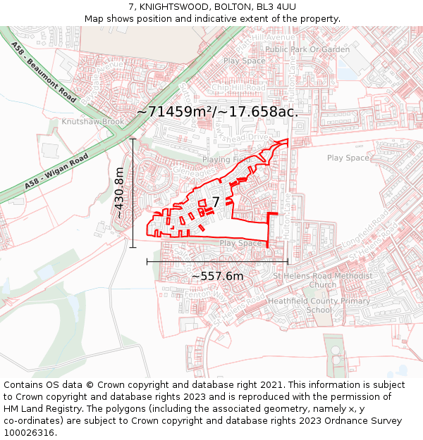 7, KNIGHTSWOOD, BOLTON, BL3 4UU: Plot and title map