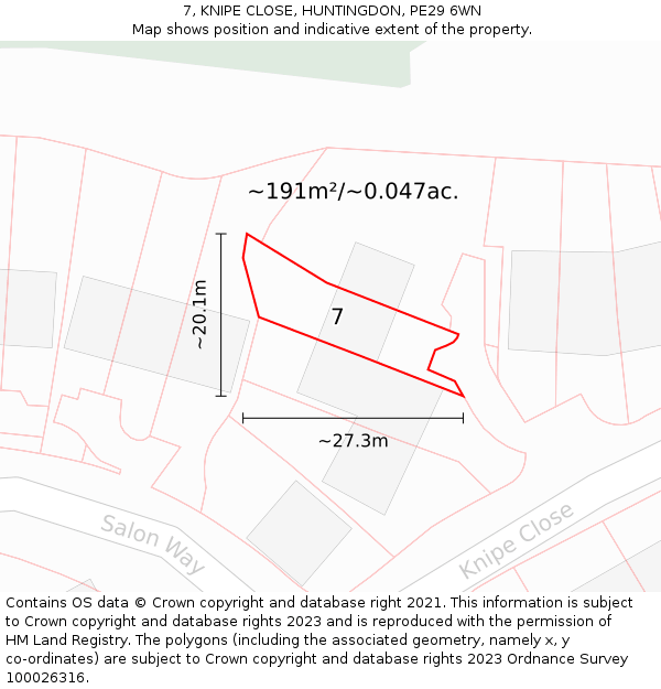 7, KNIPE CLOSE, HUNTINGDON, PE29 6WN: Plot and title map