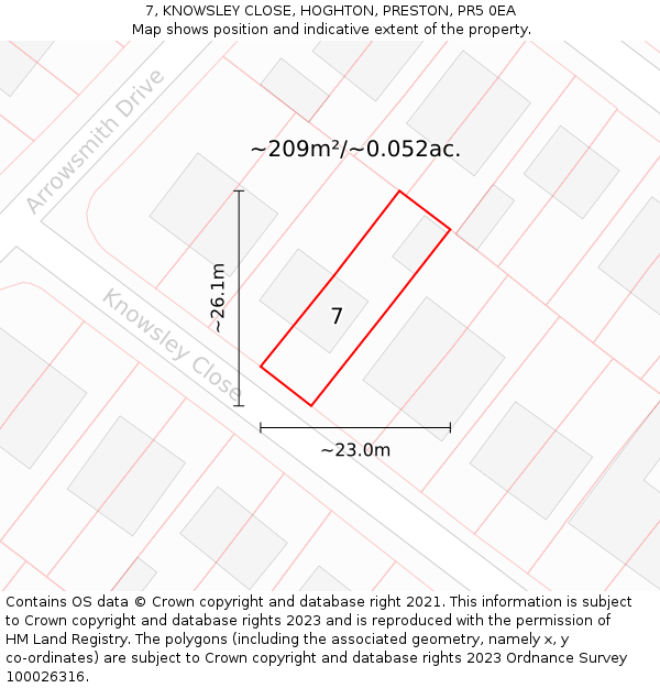 7, KNOWSLEY CLOSE, HOGHTON, PRESTON, PR5 0EA: Plot and title map