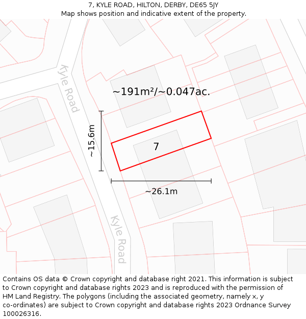 7, KYLE ROAD, HILTON, DERBY, DE65 5JY: Plot and title map