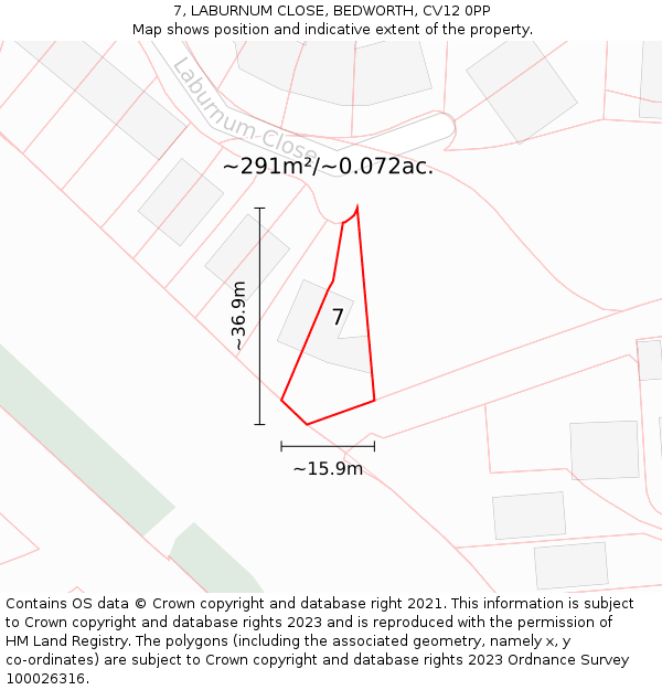 7, LABURNUM CLOSE, BEDWORTH, CV12 0PP: Plot and title map