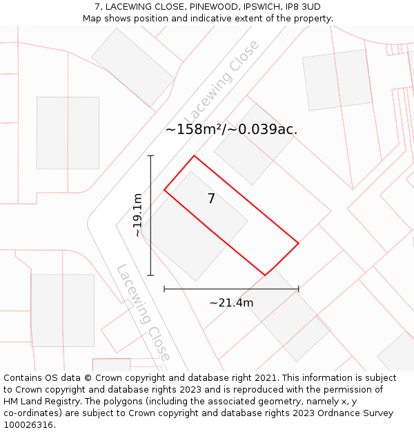 7, LACEWING CLOSE, PINEWOOD, IPSWICH, IP8 3UD: Plot and title map