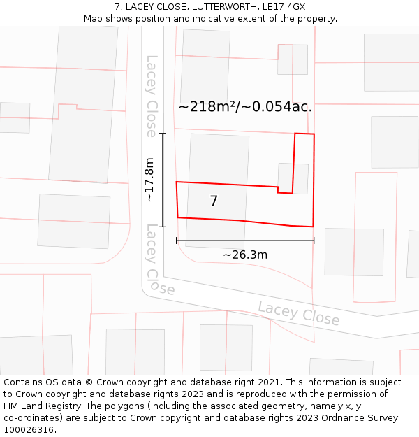 7, LACEY CLOSE, LUTTERWORTH, LE17 4GX: Plot and title map