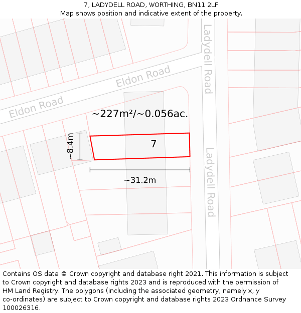7, LADYDELL ROAD, WORTHING, BN11 2LF: Plot and title map