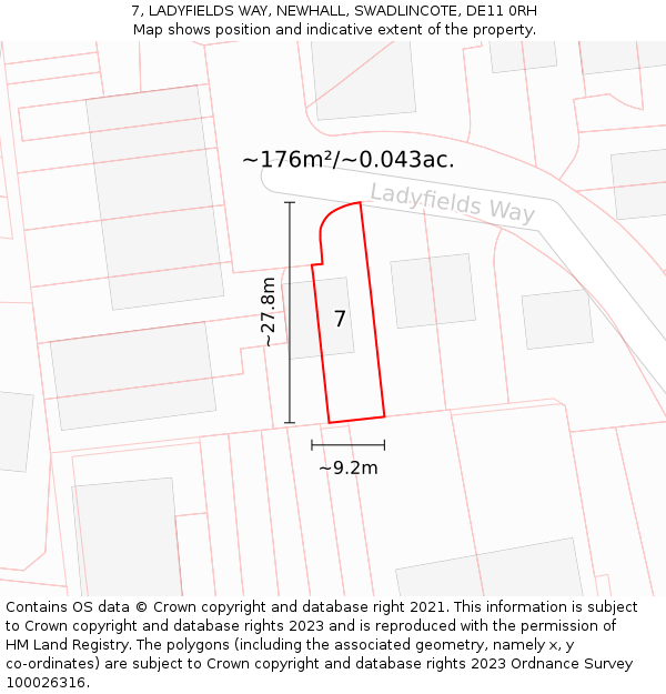 7, LADYFIELDS WAY, NEWHALL, SWADLINCOTE, DE11 0RH: Plot and title map