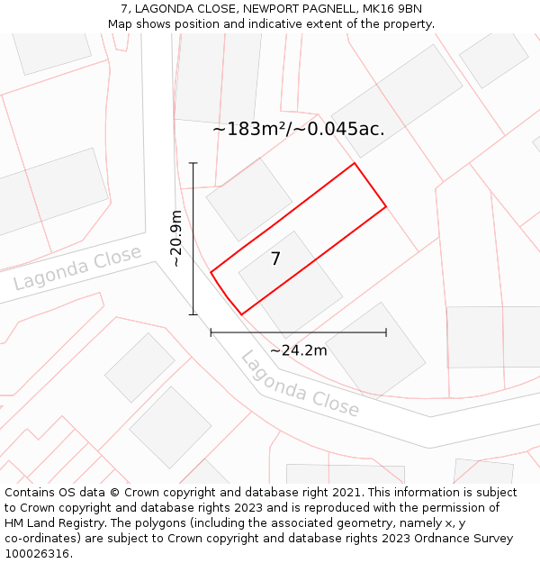 7, LAGONDA CLOSE, NEWPORT PAGNELL, MK16 9BN: Plot and title map