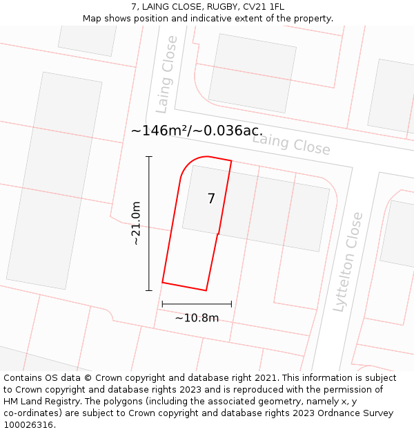 7, LAING CLOSE, RUGBY, CV21 1FL: Plot and title map