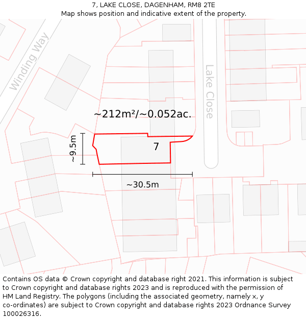 7, LAKE CLOSE, DAGENHAM, RM8 2TE: Plot and title map