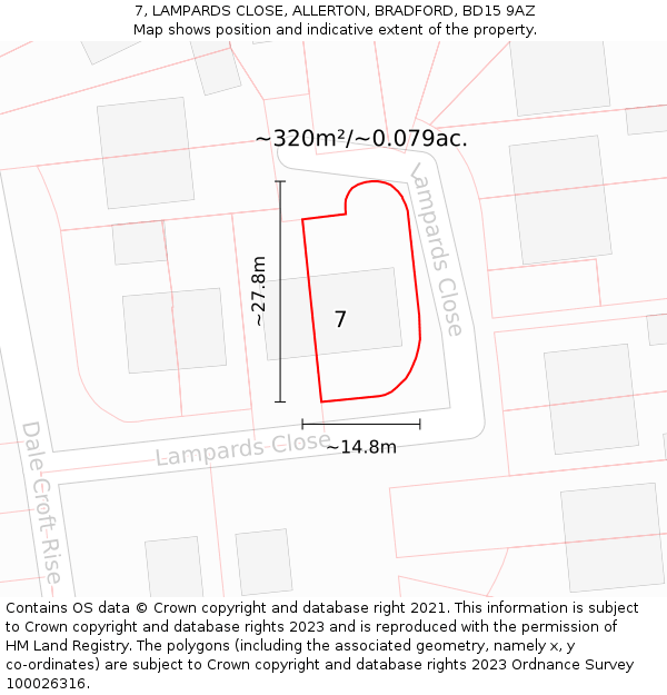 7, LAMPARDS CLOSE, ALLERTON, BRADFORD, BD15 9AZ: Plot and title map
