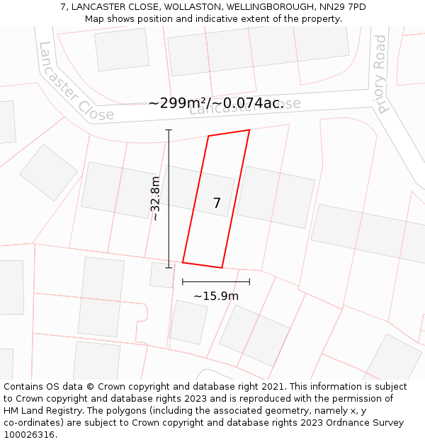 7, LANCASTER CLOSE, WOLLASTON, WELLINGBOROUGH, NN29 7PD: Plot and title map