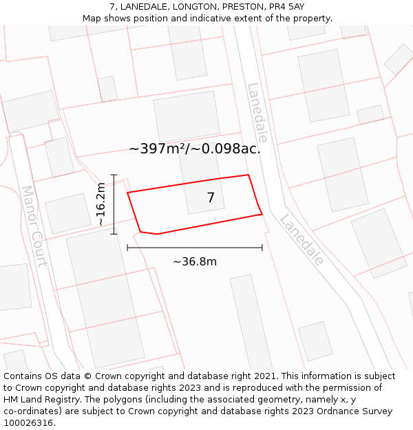 7, LANEDALE, LONGTON, PRESTON, PR4 5AY: Plot and title map