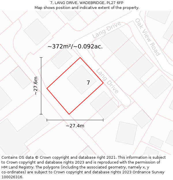 7, LANG DRIVE, WADEBRIDGE, PL27 6FP: Plot and title map