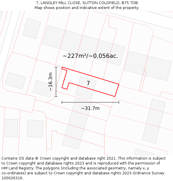 7, LANGLEY MILL CLOSE, SUTTON COLDFIELD, B75 7DB: Plot and title map
