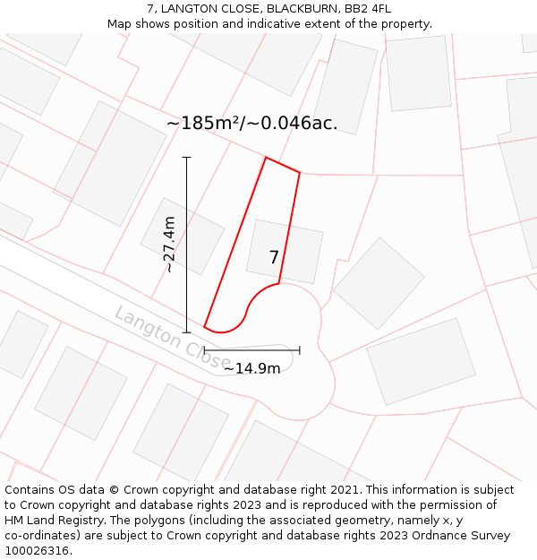 7, LANGTON CLOSE, BLACKBURN, BB2 4FL: Plot and title map
