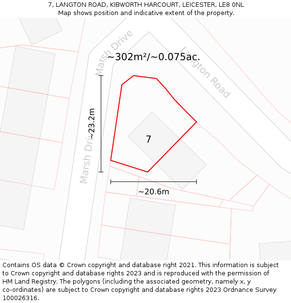 7, LANGTON ROAD, KIBWORTH HARCOURT, LEICESTER, LE8 0NL: Plot and title map