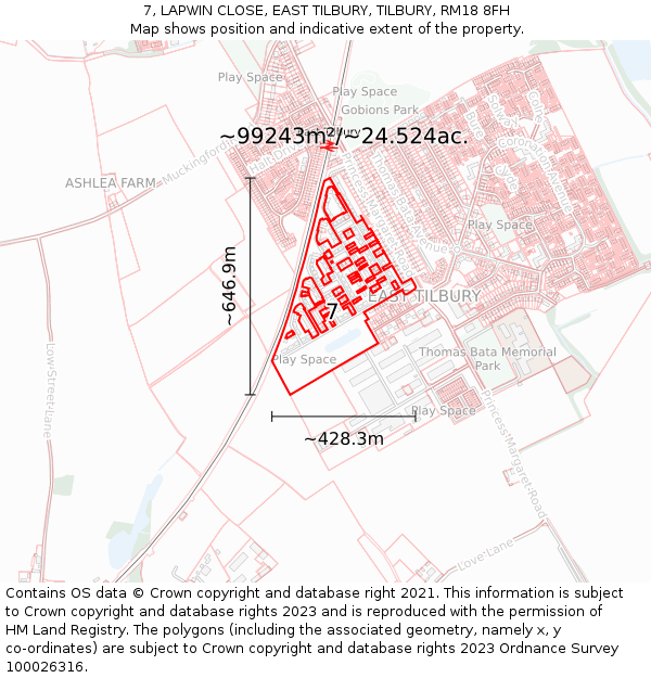 7, LAPWIN CLOSE, EAST TILBURY, TILBURY, RM18 8FH: Plot and title map