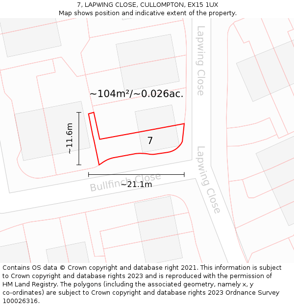 7, LAPWING CLOSE, CULLOMPTON, EX15 1UX: Plot and title map