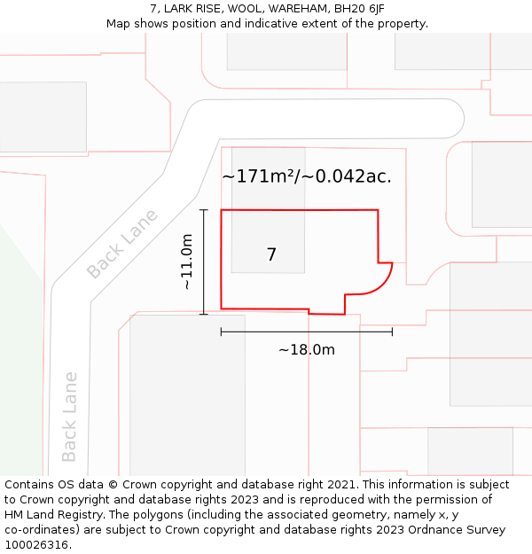 7, LARK RISE, WOOL, WAREHAM, BH20 6JF: Plot and title map