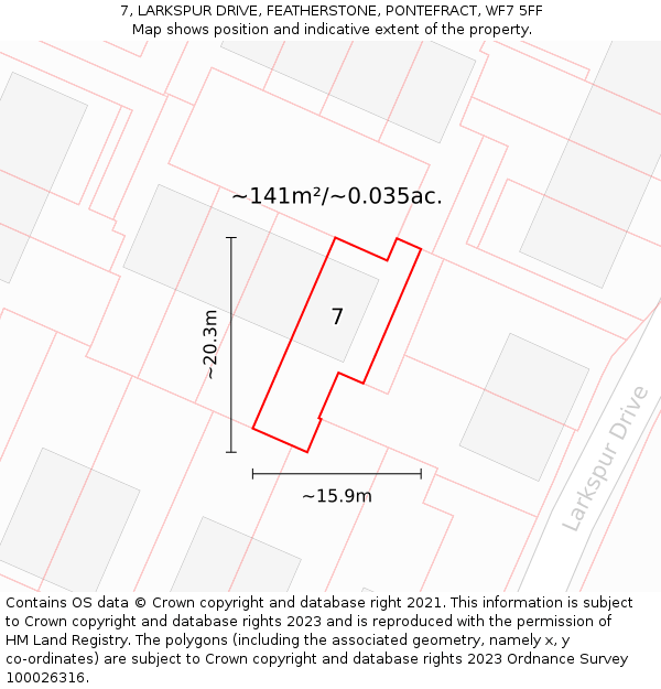 7, LARKSPUR DRIVE, FEATHERSTONE, PONTEFRACT, WF7 5FF: Plot and title map