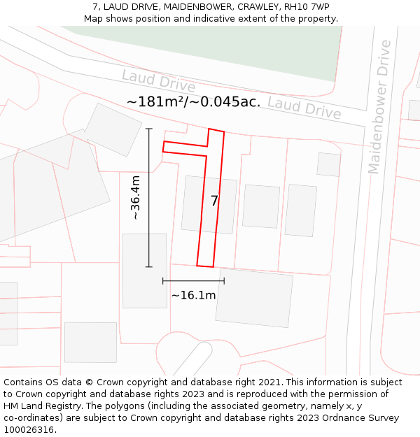7, LAUD DRIVE, MAIDENBOWER, CRAWLEY, RH10 7WP: Plot and title map