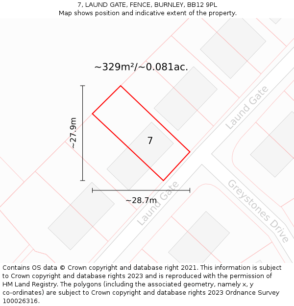 7, LAUND GATE, FENCE, BURNLEY, BB12 9PL: Plot and title map